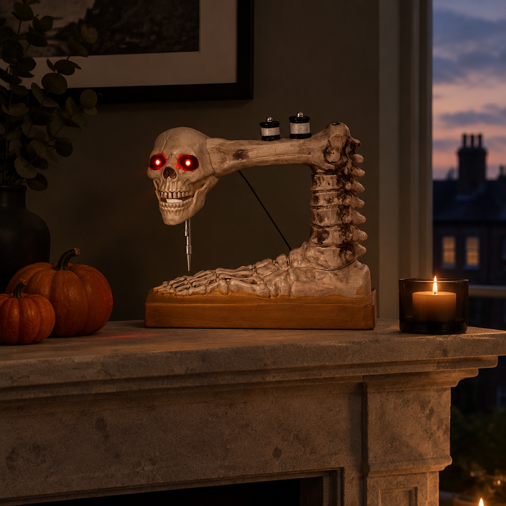 Needler skeleton sewing machine ornament glowing on a candlelit mantelpiece at night