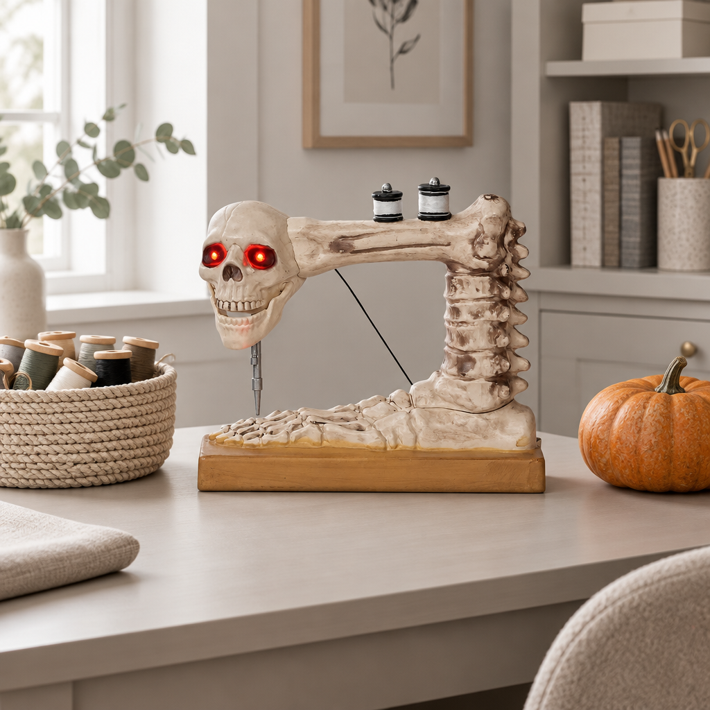 Needler skeleton sewing machine ornament displayed on a craft room desk with thread spools and a pumpkin