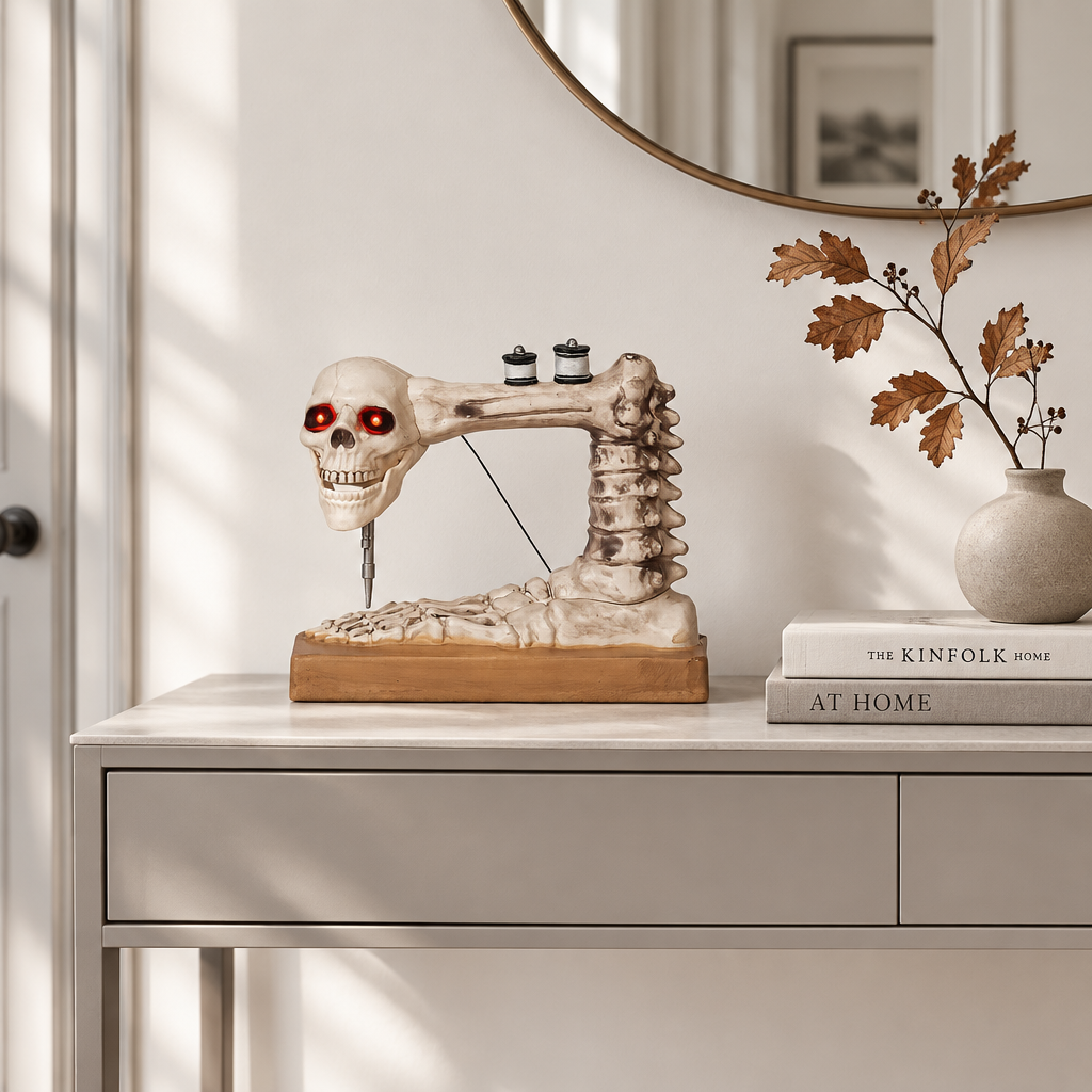 Needler skeleton sewing machine ornament on a hallway console table styled with books and autumn leaves