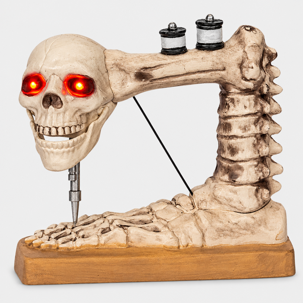 Close up of Needler skeleton sewing machine ornament showing glowing red eyes and needle
