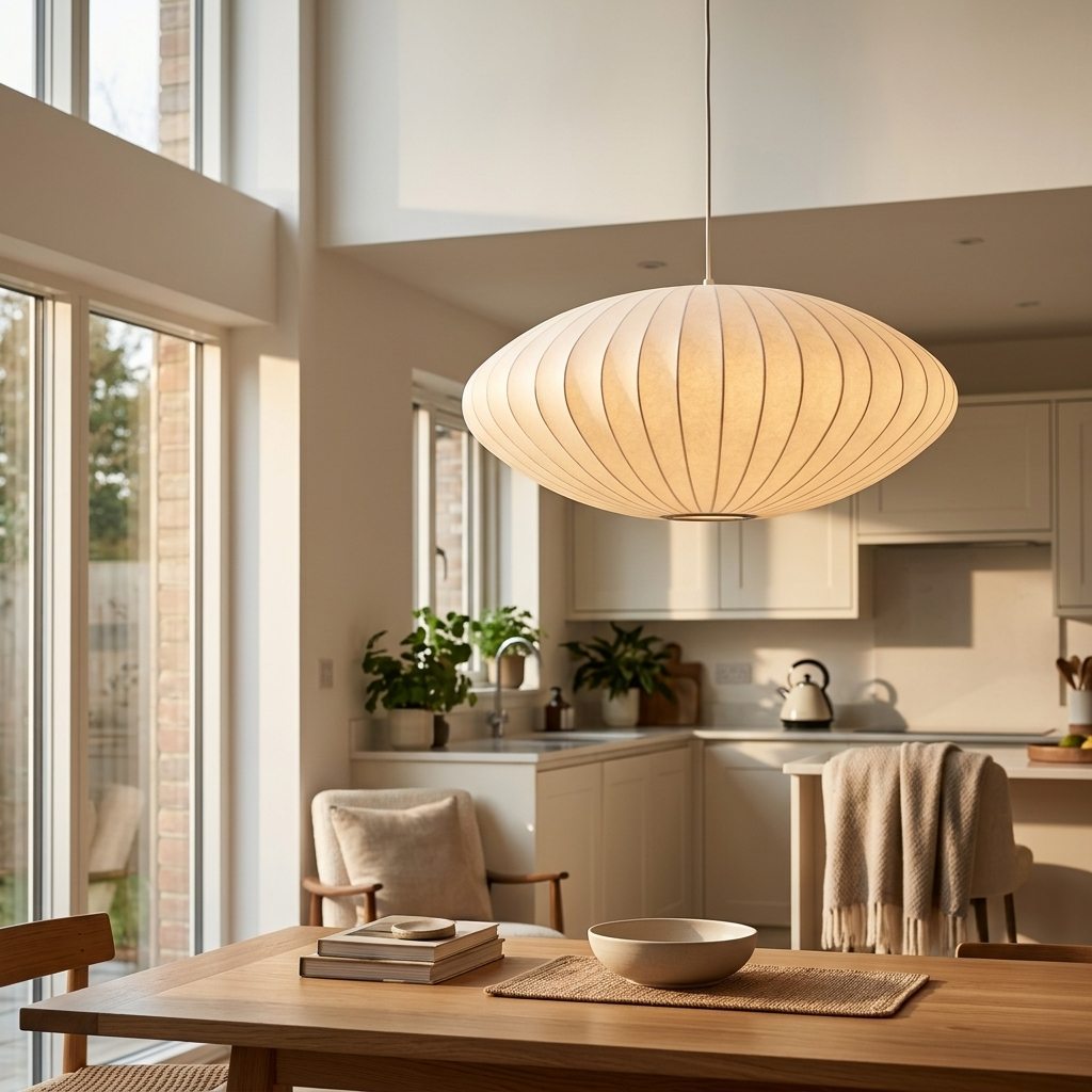 Japandi style handmade silk neqi chandelier suspended over a modern wooden dining table in a bright room