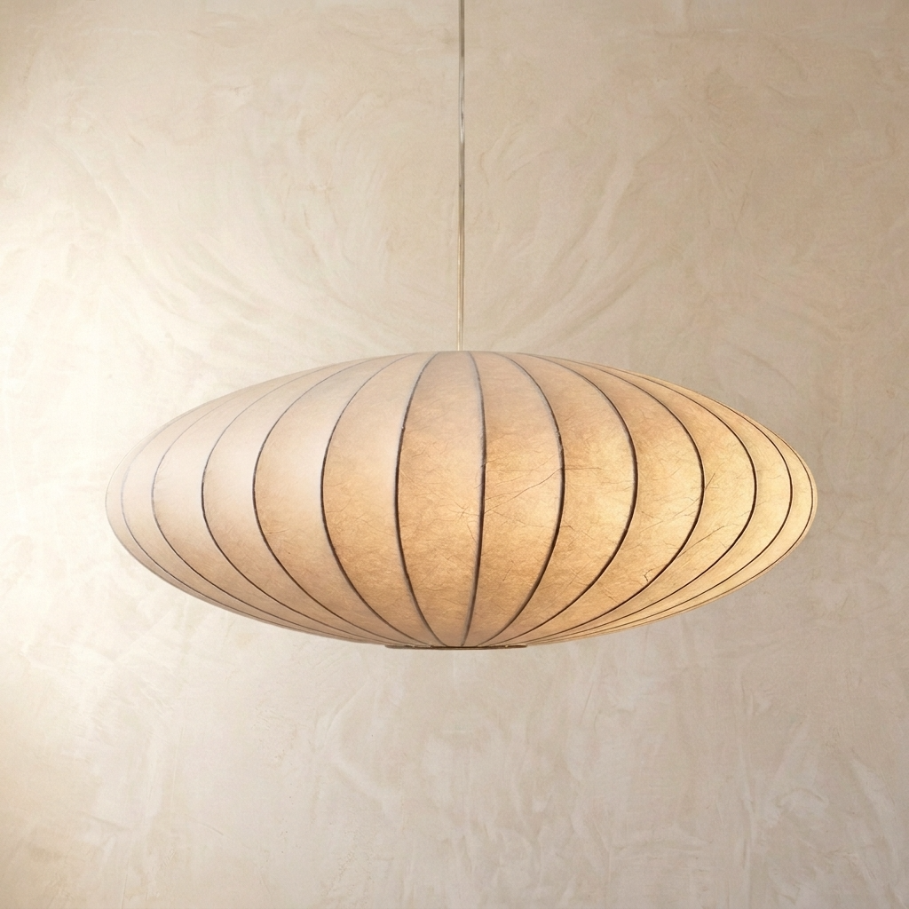 Japanese neqi Wabi-Sabi silk pendant light glowing warmly against a textured minimalist wall