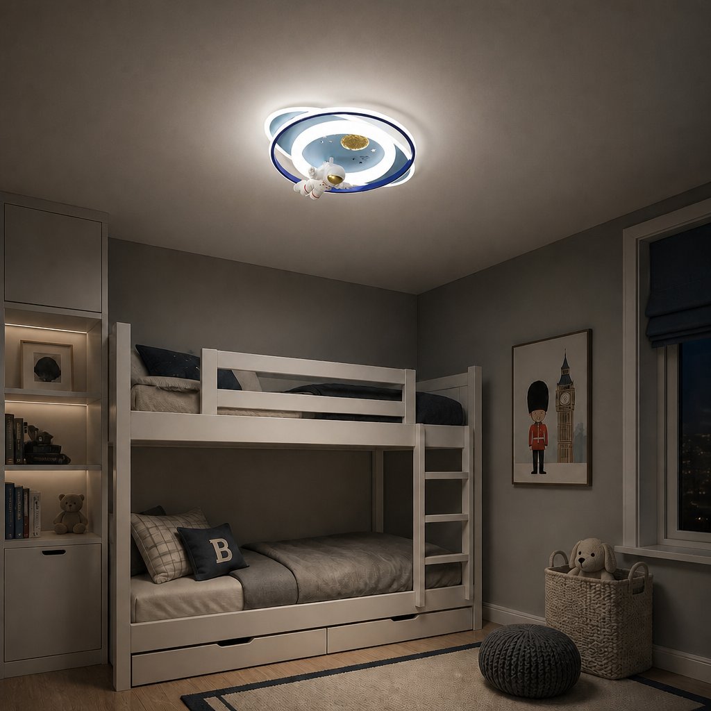 Neston astronaut ceiling light glowing at night above a bunk bed in a kids bedroom