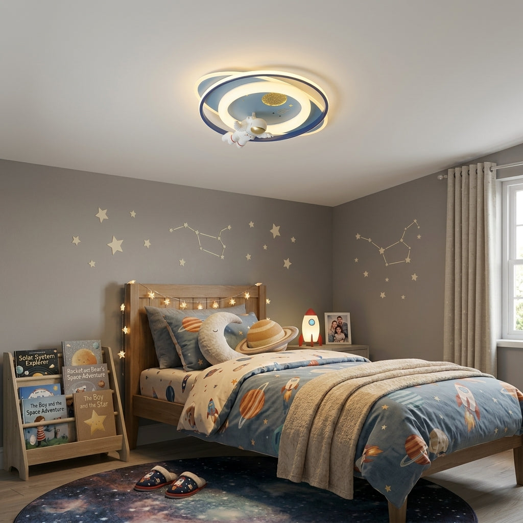 Neston astronaut ceiling light above a bed in a kids bedroom with constellation wall decals and space-print bedding