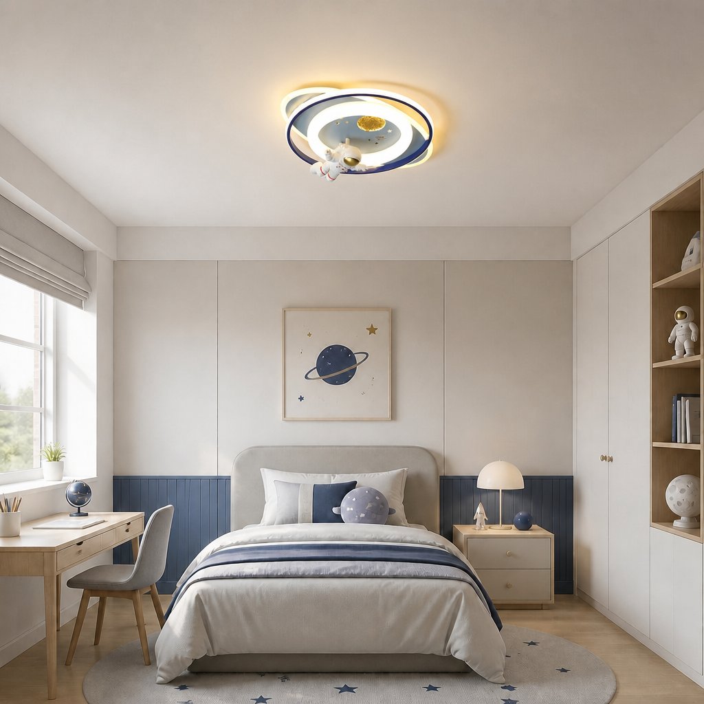 Neston astronaut ceiling light in a modern kids bedroom with space-themed wall art and open shelving