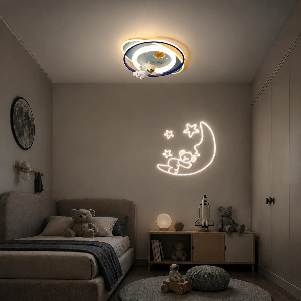 Neston astronaut ceiling light glowing at night with its moon and stars night light projected onto the wall