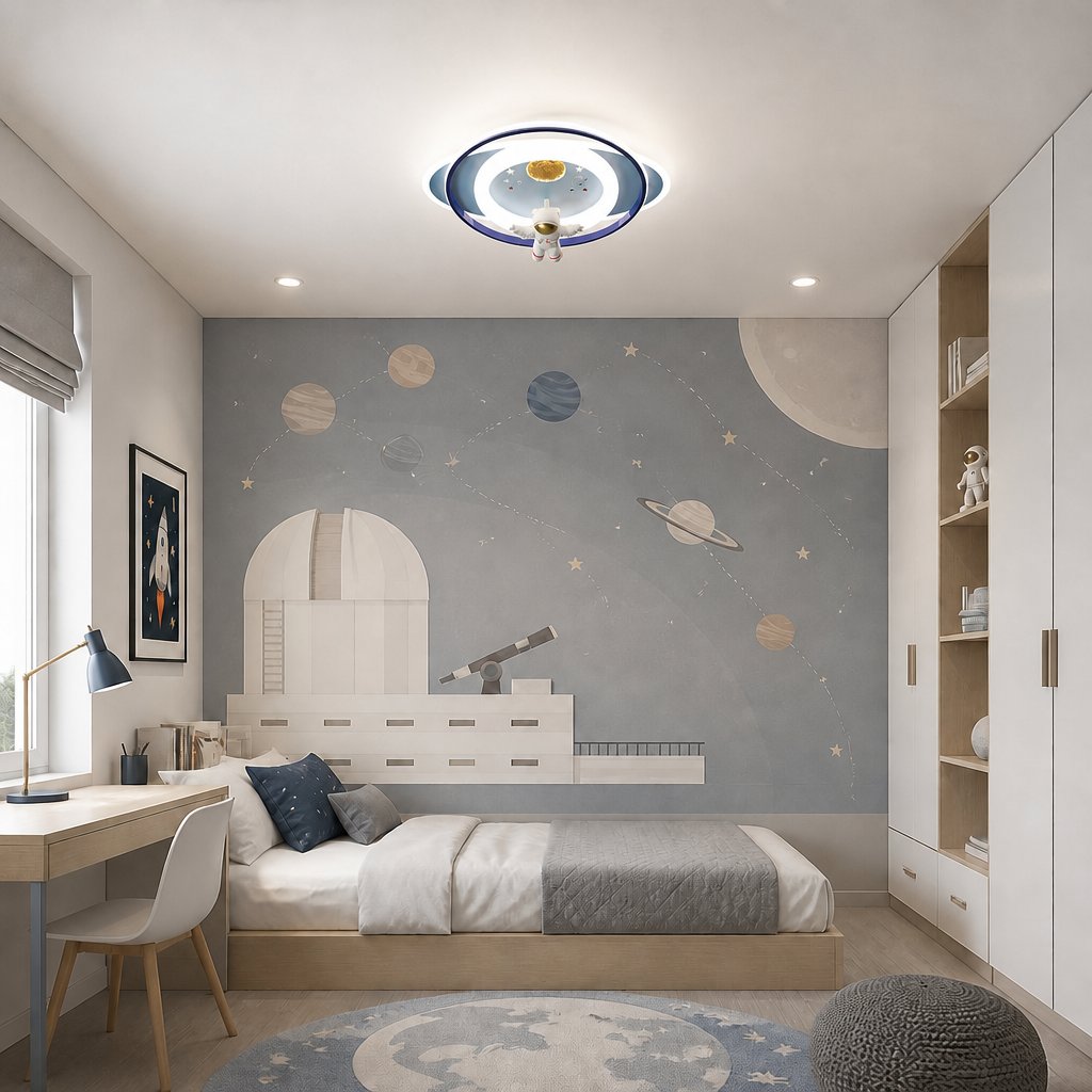 Neston astronaut ceiling light in a kids bedroom with a planet mural feature wall and bookshelf