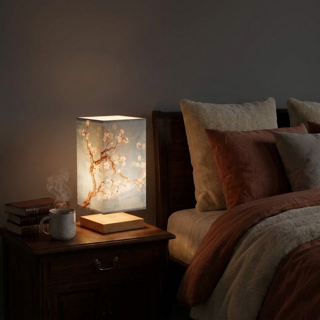 Nimza blue Blossom table lamp on a bedside table beside a steaming mug