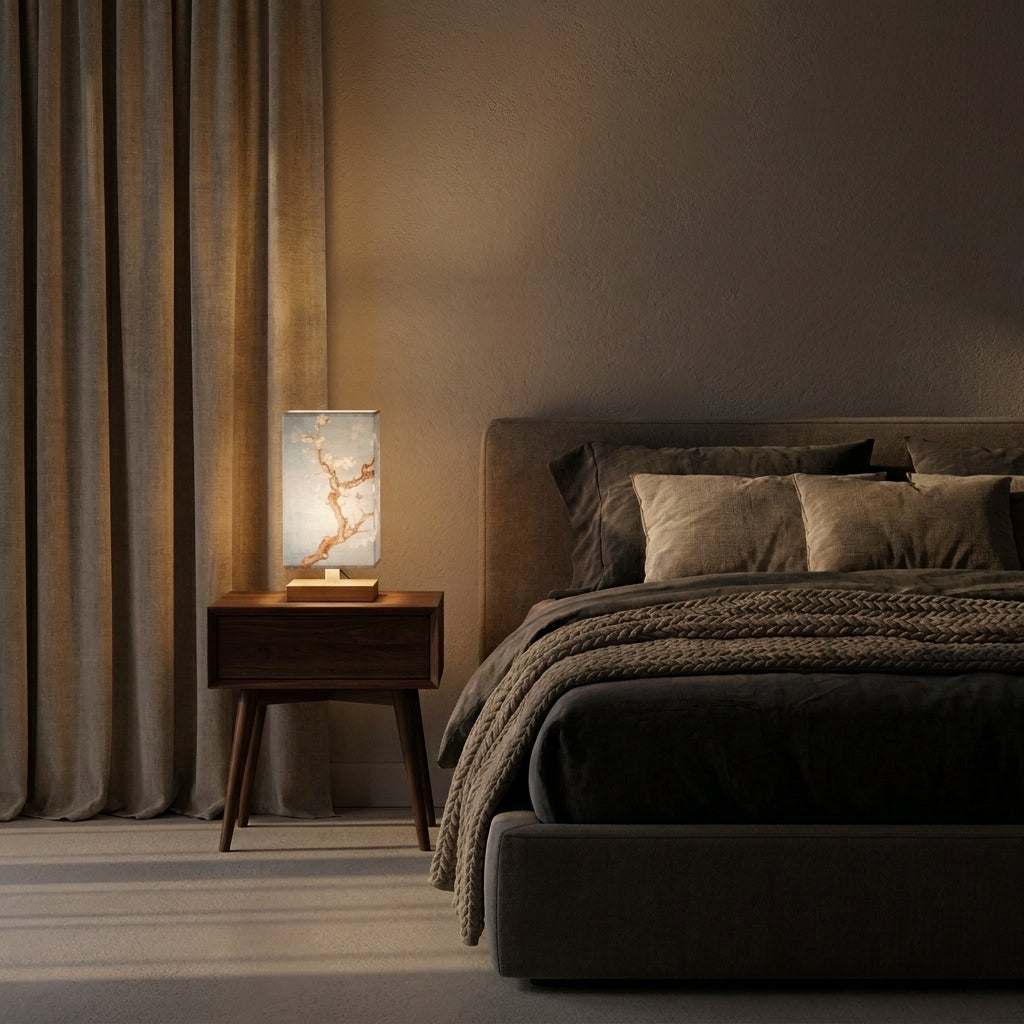Nimza blue Blossom table lamp on a grey bedroom nightstand