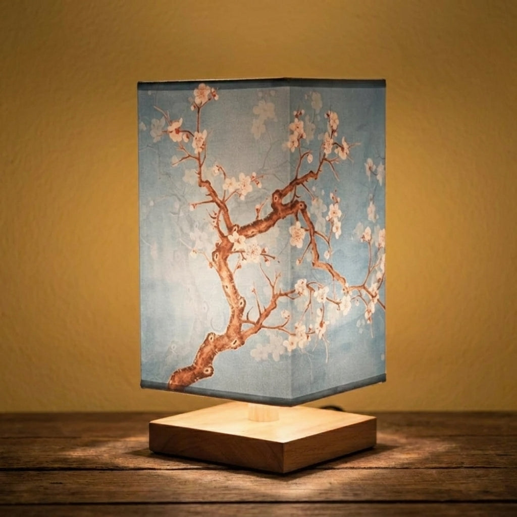 Nimza Blue Blossom table lamp with Van Gogh style almond blossom fabric shade
