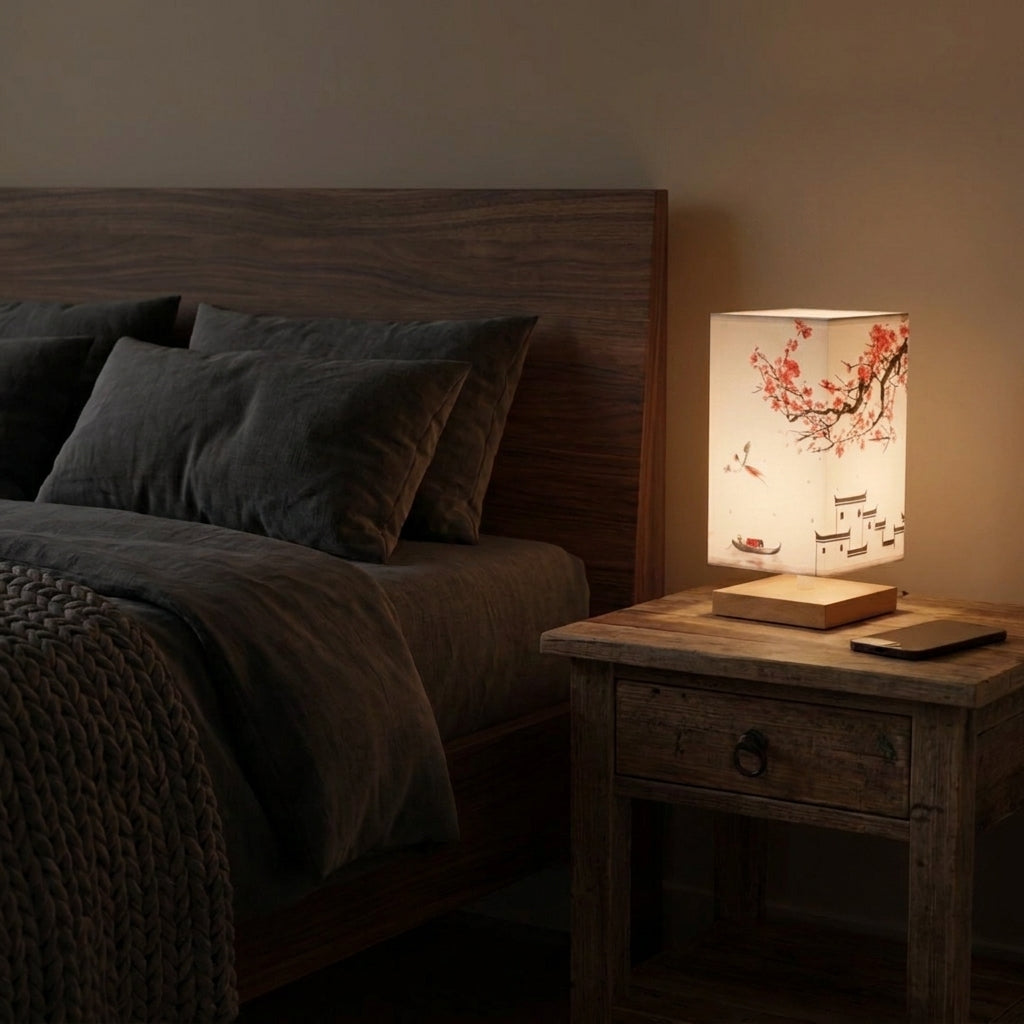 Nimza Red Blossom table lamp on a bedroom nightstand at night