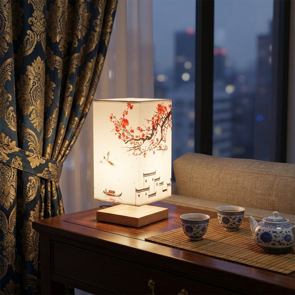 Nimza Red Blossom table lamp beside patterned curtains and blue and white teacups