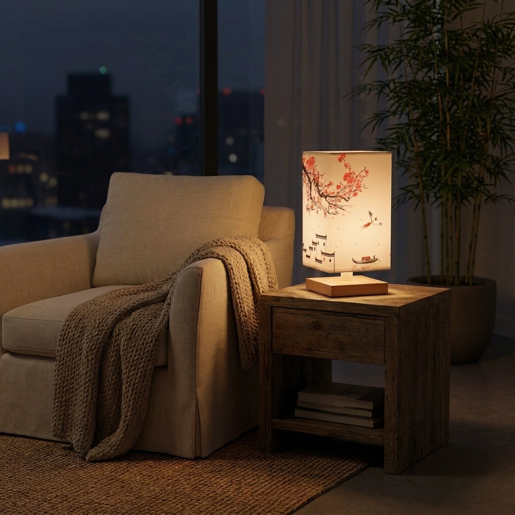 Nimza Red Blossom table lamp on a side table beside a cream armchair