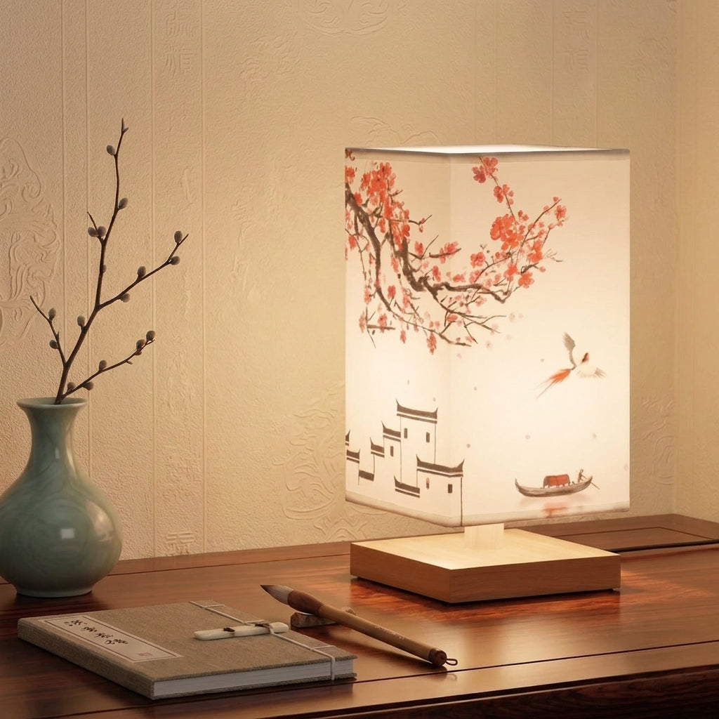 Nimza Red Blossom table lamp on a nightstand beside a vase and notebook