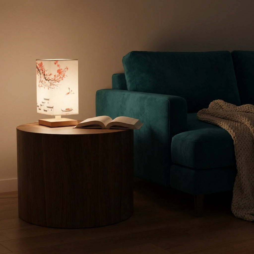 Nimza Red Blossom table lamp on a round side table next to a teal sofa