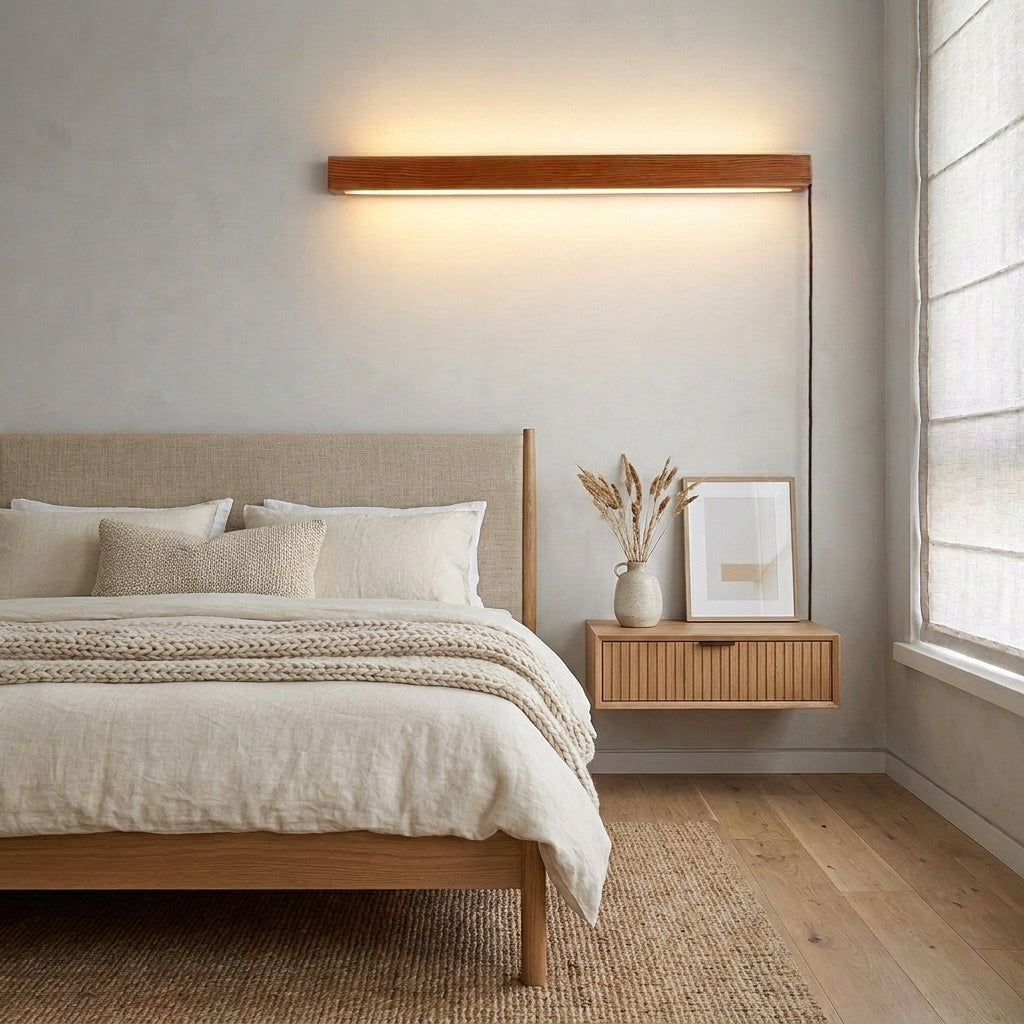 Nizku linear wood wall lamp above a floating bed with a nightstand, plant and artwork