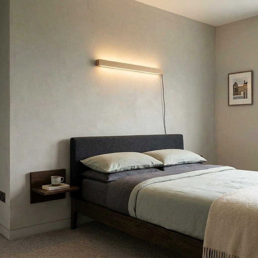 Nizku linear wood wall lamp above a dark grey upholstered headboard