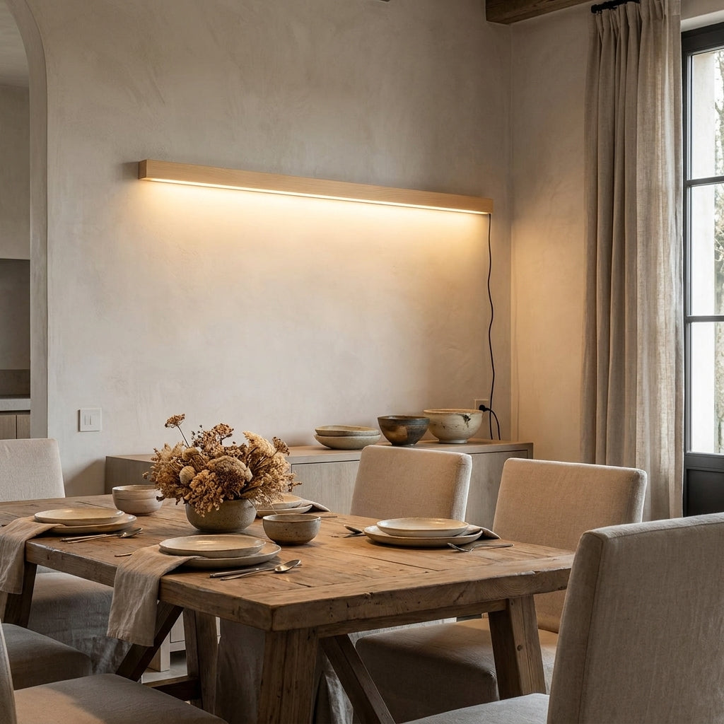 Nizku linear wood wall lamp above a wooden dining table with mixed wood chairs