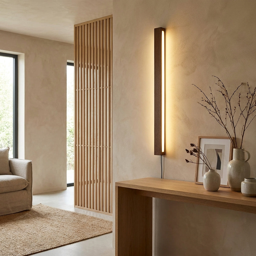 Nizku linear wood wall lamp beside a wooden slatted partition in a hallway