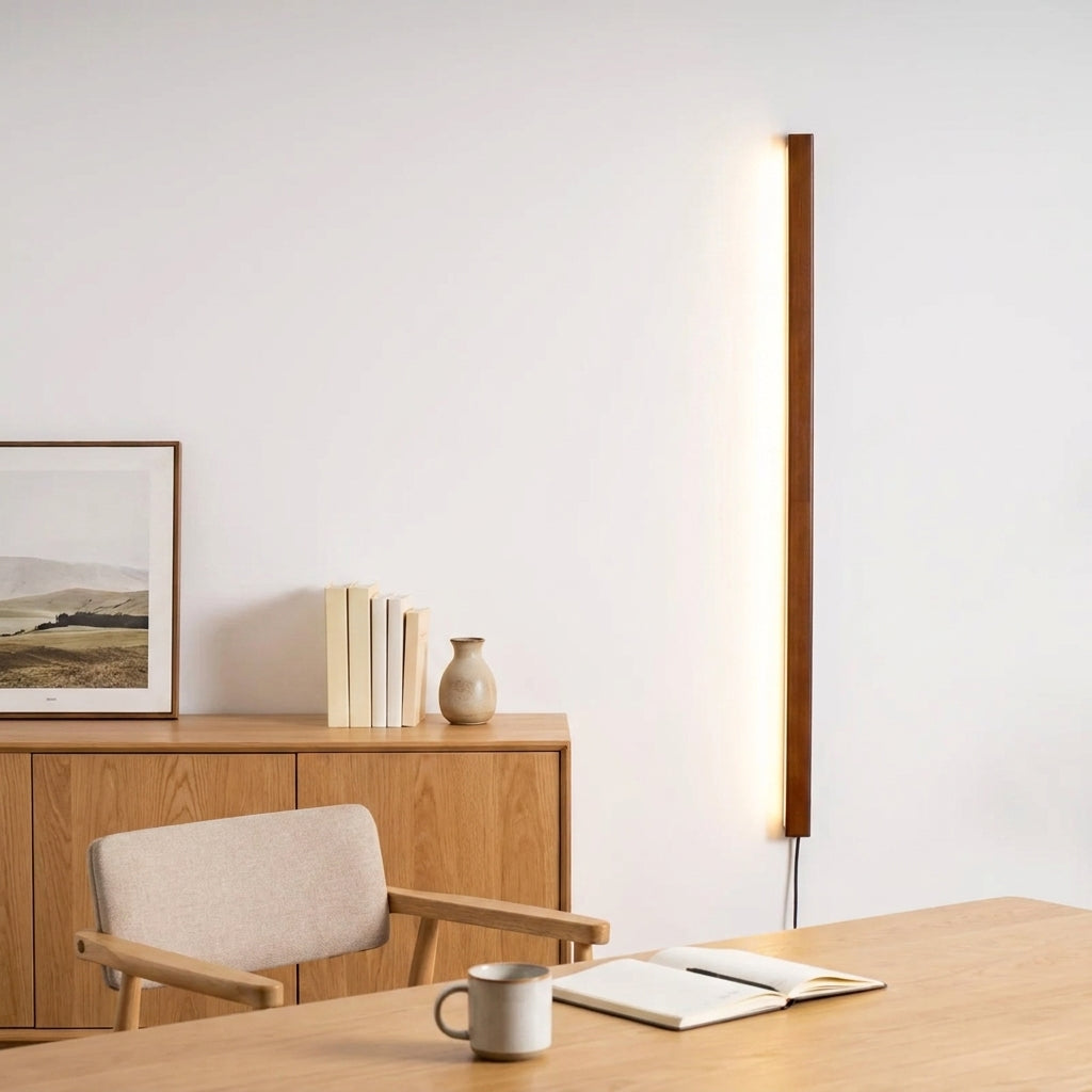 Nizku linear wood wall lamp beside a wooden desk and chair in a home office