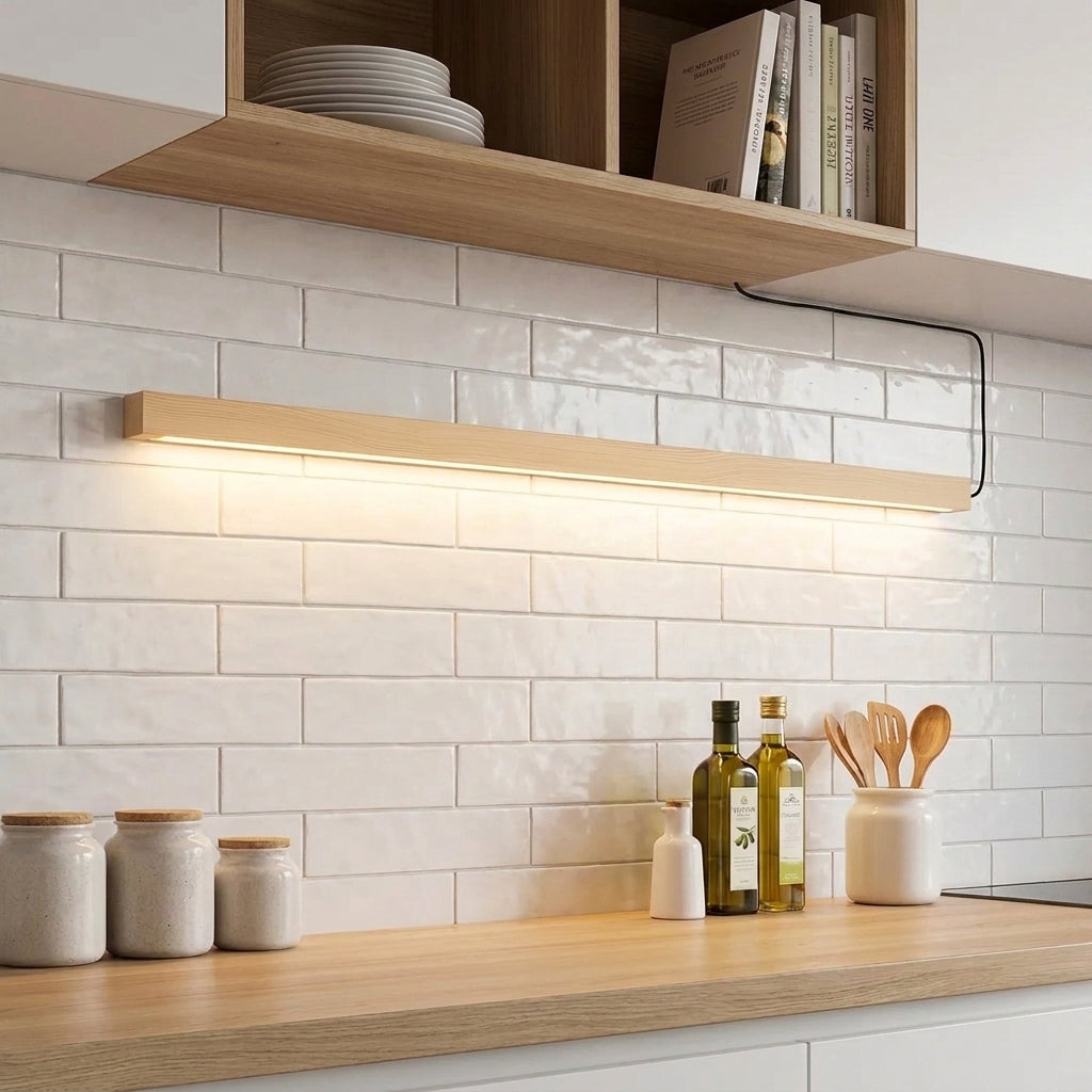 Nizku linear wood wall lamp mounted under a floating shelf above a tiled kitchen backsplash styled with bottles and jars