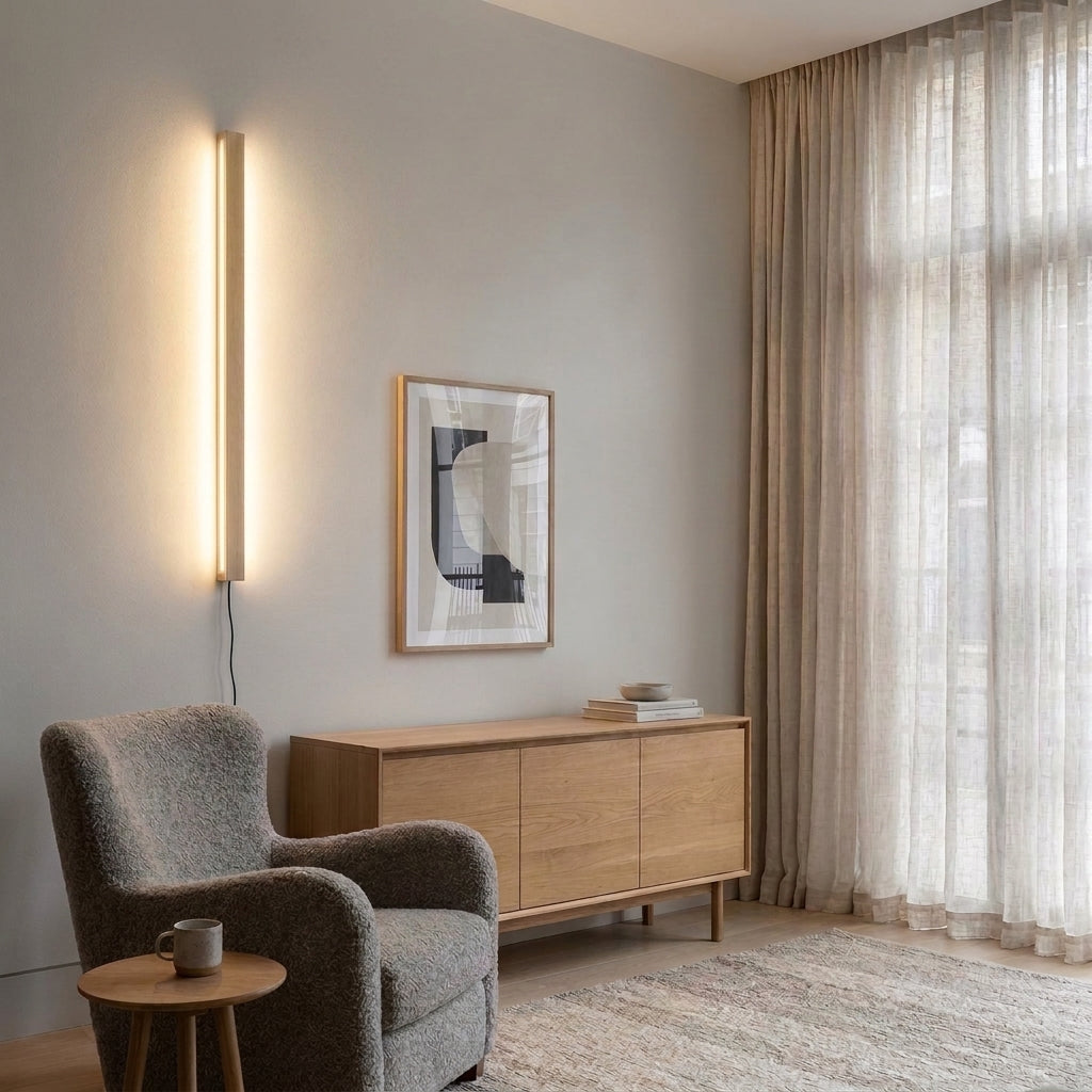 Nizku linear wood wall lamp beside an armchair and a wooden console table