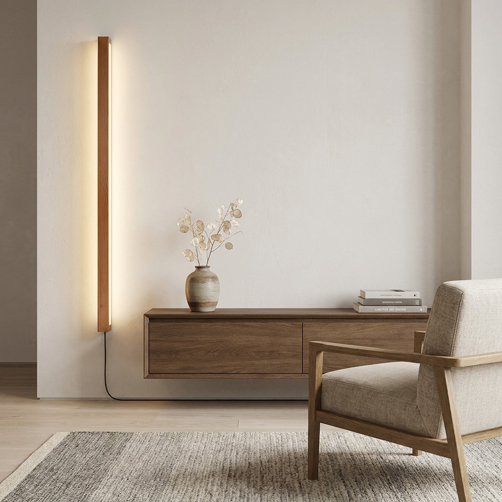 Nizku linear wood wall lamp above a wooden console table with a plant, beside an armchair