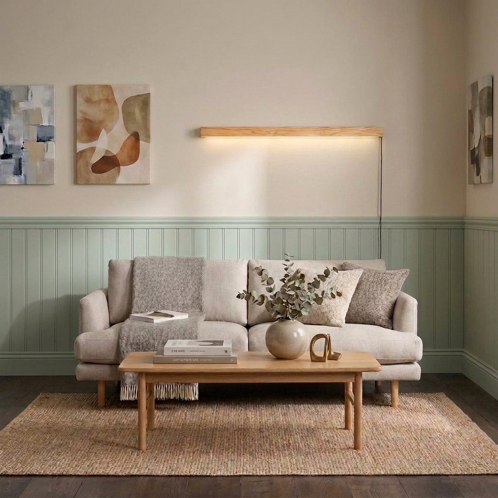 Nizku linear wood wall lamp on a green panelled wall above a sofa with a coffee table