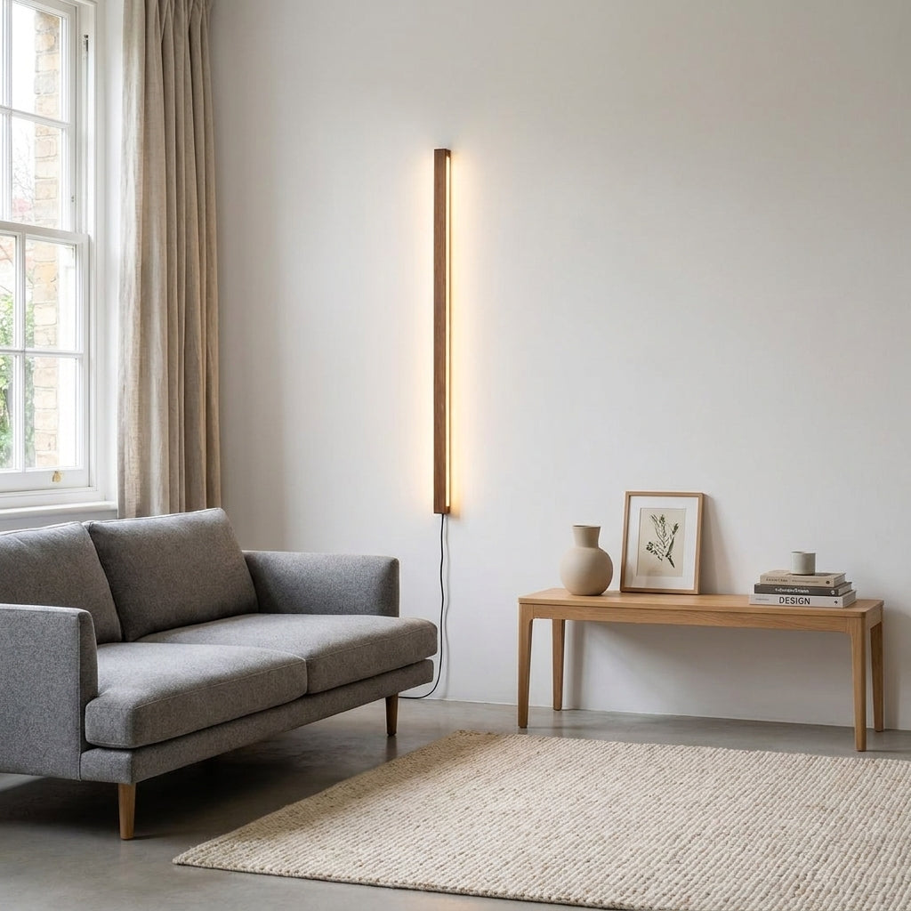 Nizku linear wood wall lamp beside a sofa, armchair and side table