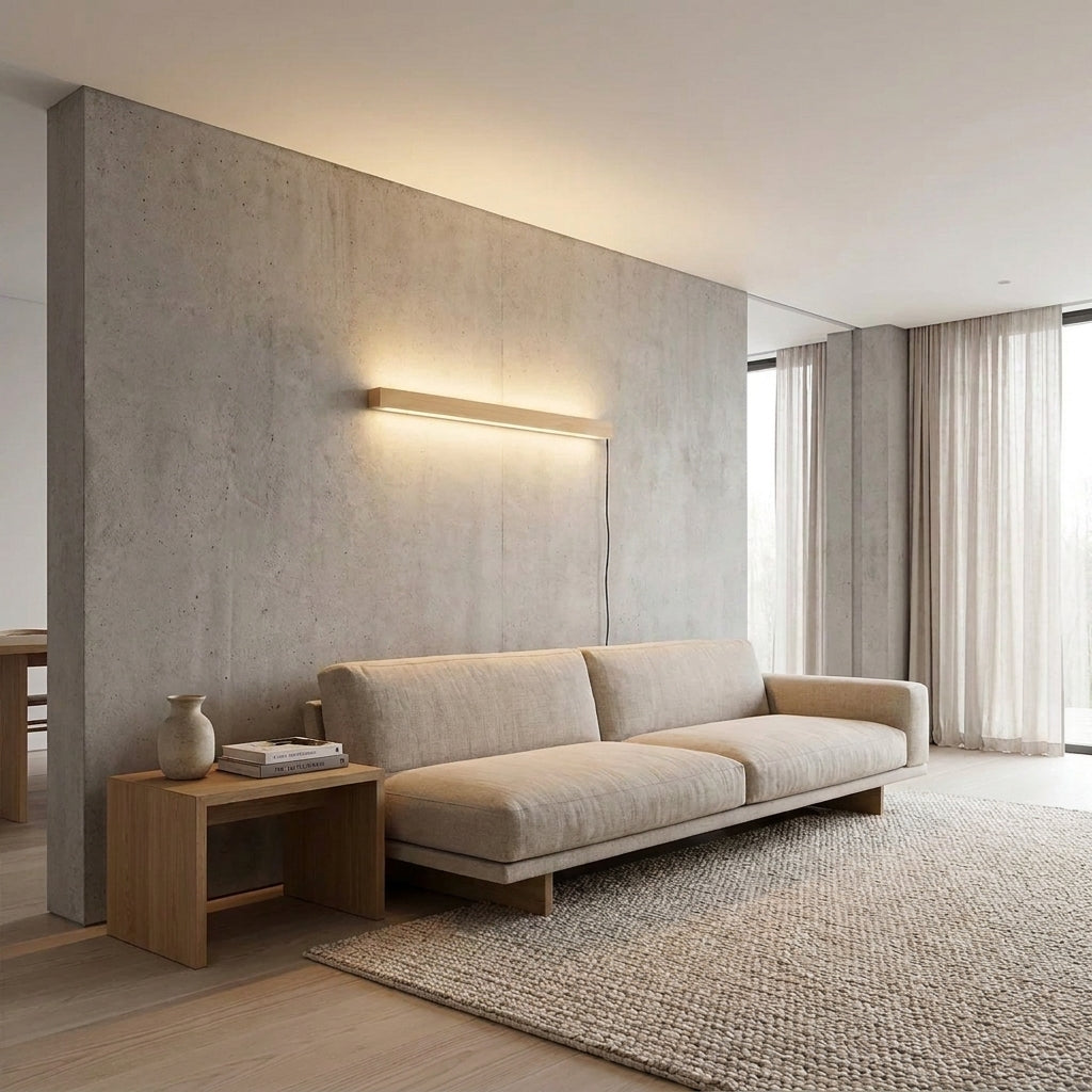Nizku linear wood wall lamp on a textured plaster wall above a sofa with a floating shelf