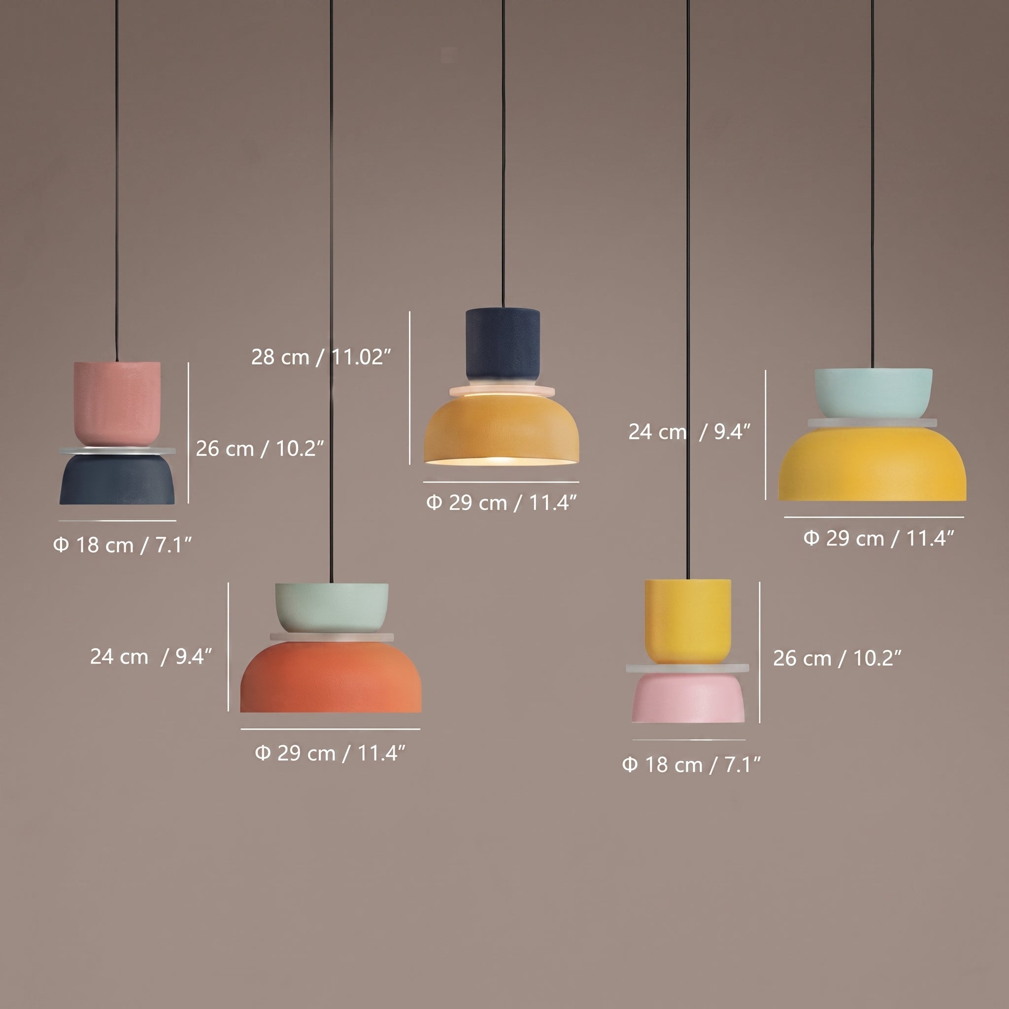 Dimensions and sizing guide for the Nordic colour block pendant lights, showcasing the various multi-layer macaron colour combinations alongside their specific heights and diameters
