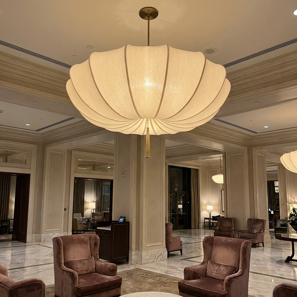 Nordic fabric pendant light complementing a classic interior lounge space