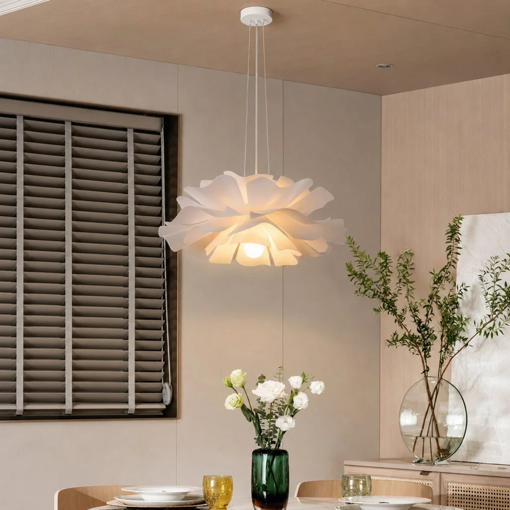 Nordic floral ceiling lamp illuminating a bright, contemporary dining space