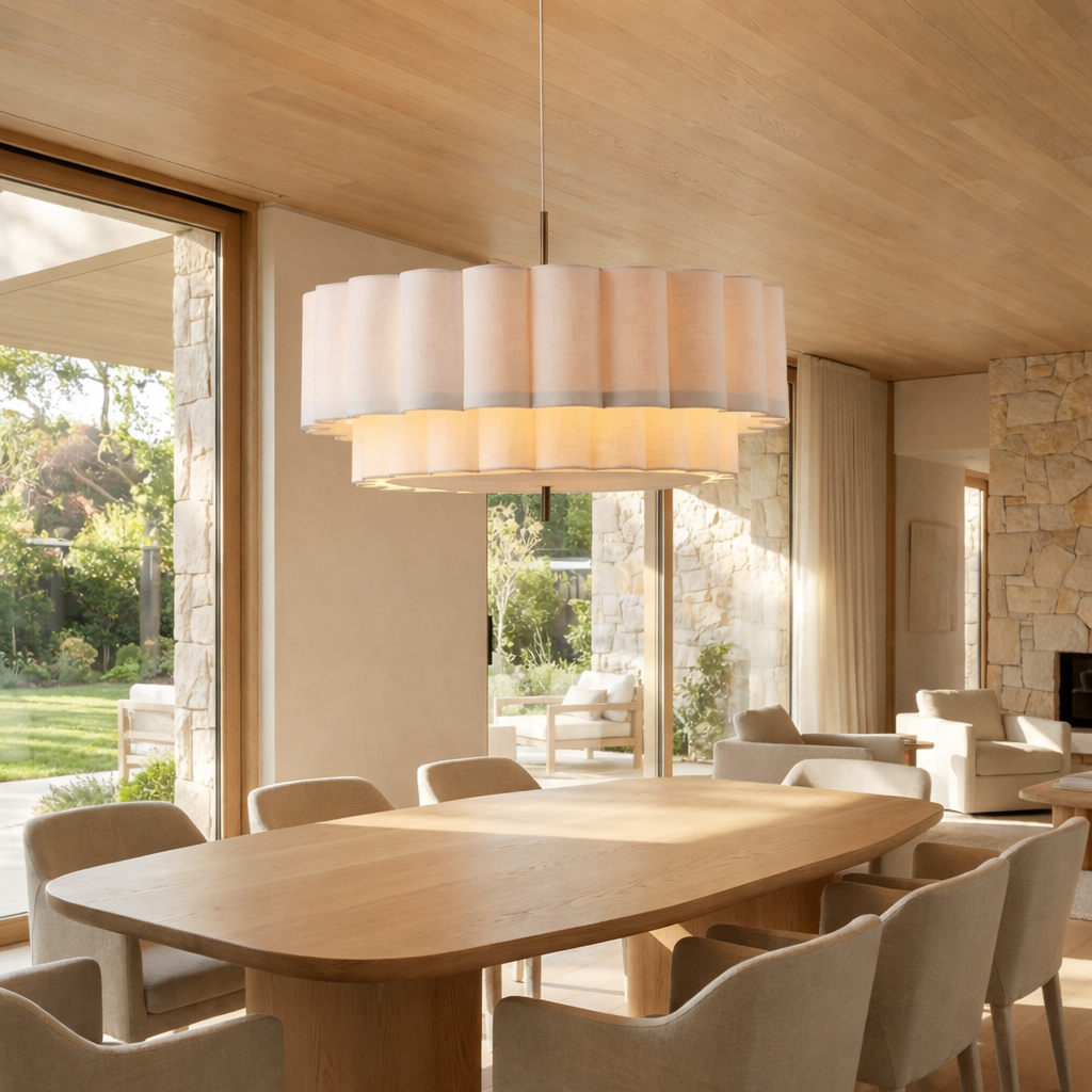Nordic pleated fabric ceiling lamp hanging elegantly in a bright dining area with large windows