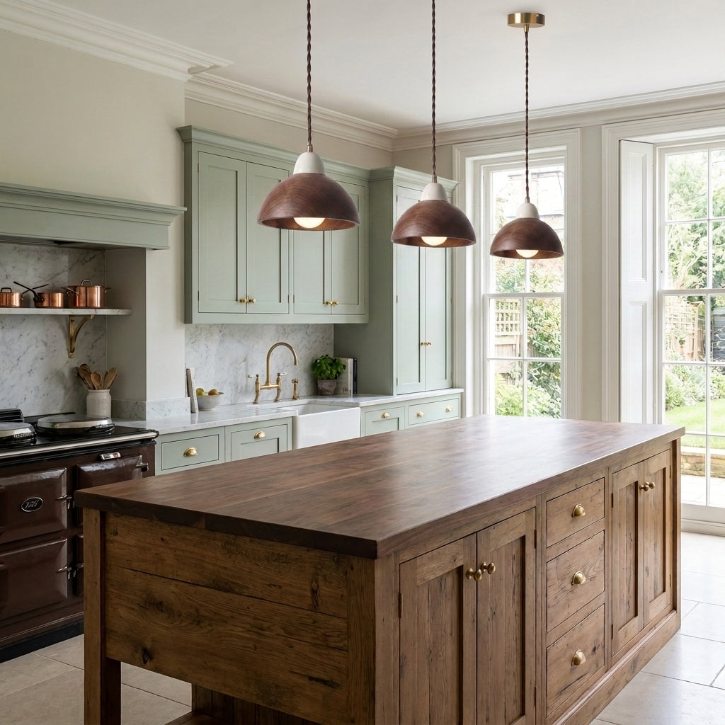 Three Oqzi minimalist wood and ceramic pendant lights hanging above a wood-topped kitchen island with sage green cabinets