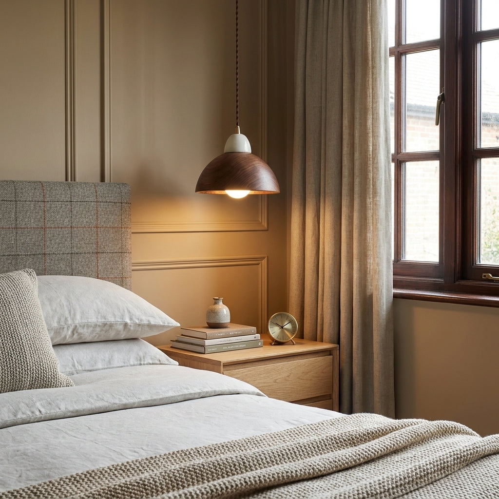 Oqzi minimalist wood and ceramic pendant light, Walnut Wood Dome style, hanging beside a bed with a patterned headboard