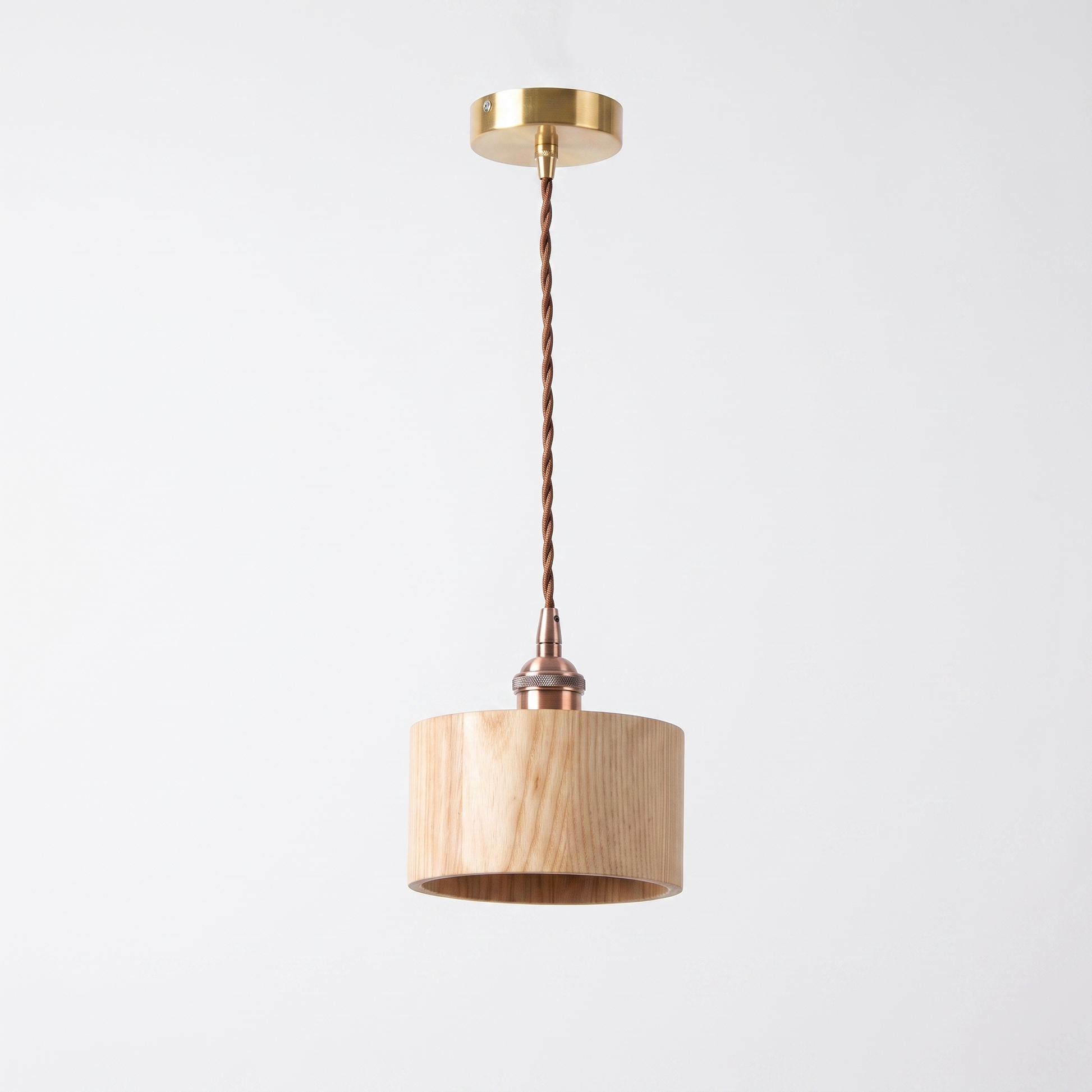 Oqzi minimalist wood and copper pendant light, Ash Wood Drum style, hero shot on grey background