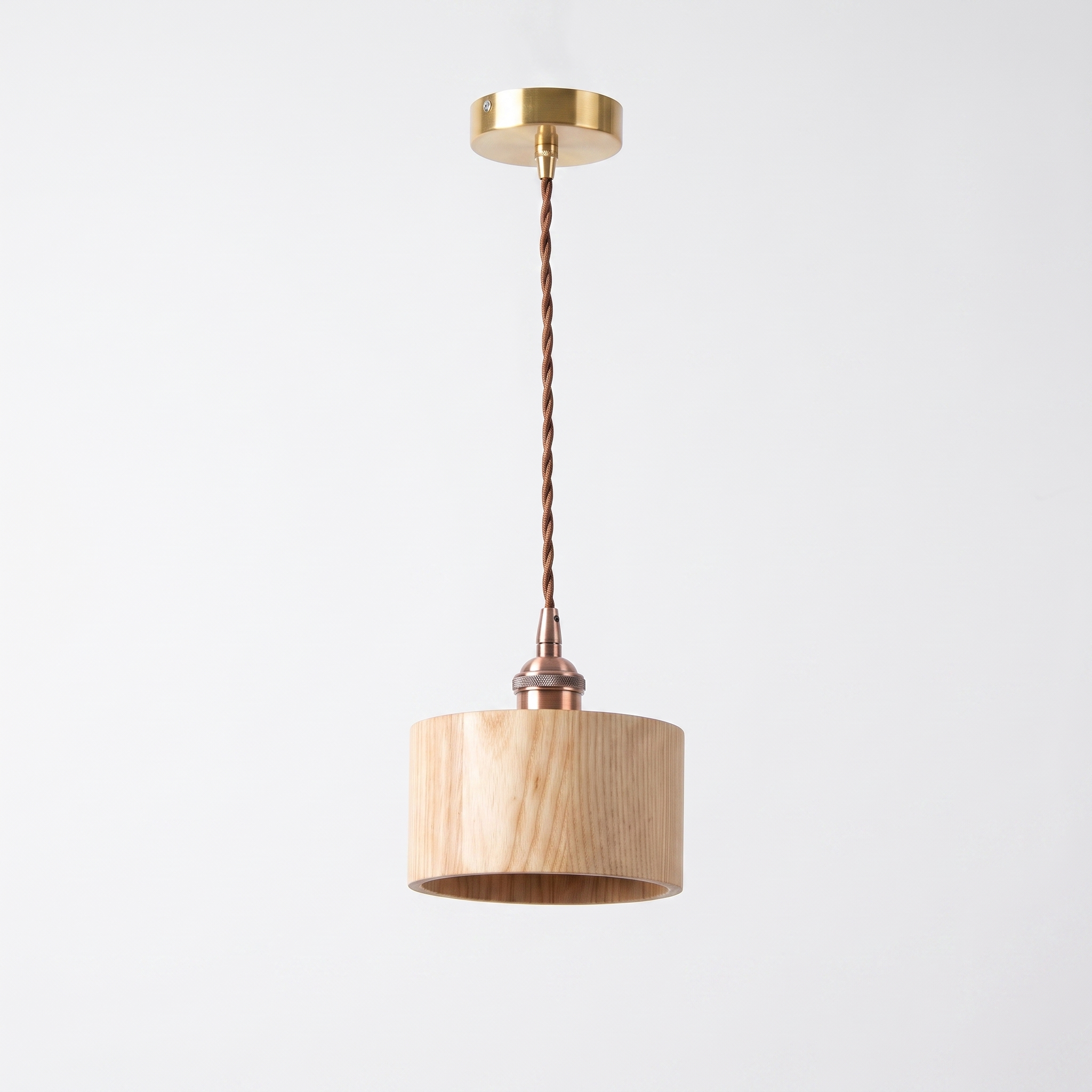 Oqzi minimalist wood and copper pendant light, Ash Wood Drum style, hero shot on grey background