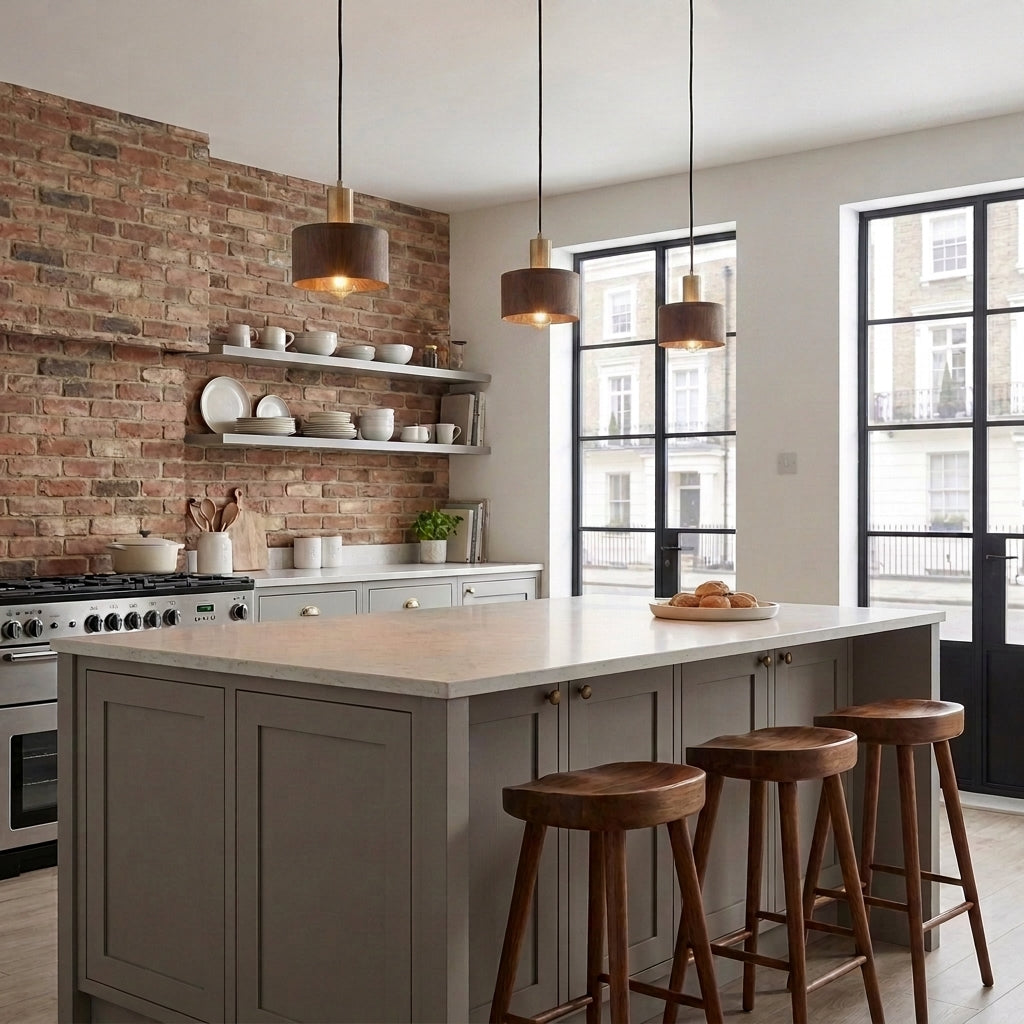 Three Oqzi minimalist wood and copper pendant lights hanging above a kitchen island with exposed brick backsplash