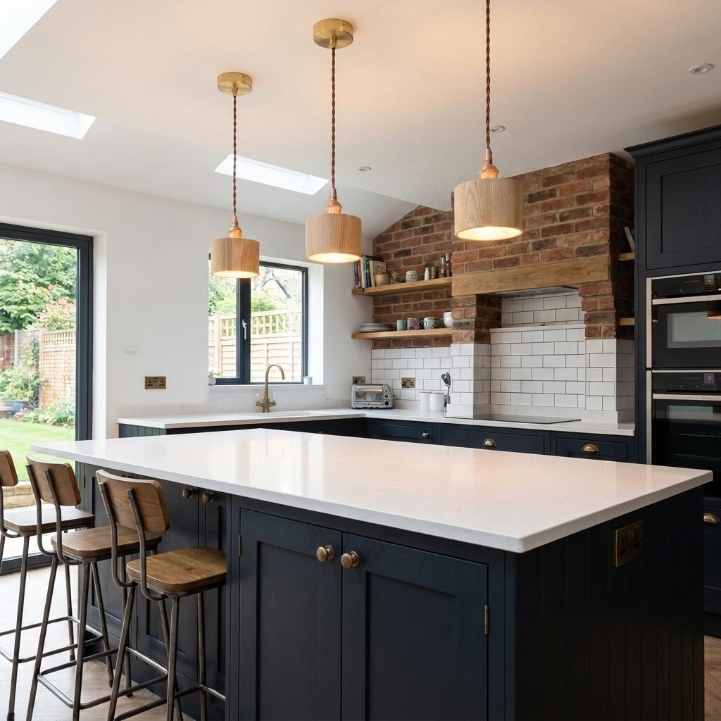 Oqzi minimalist wood and copper pendant lights hanging above a kitchen island with dark cabinets and open shelving