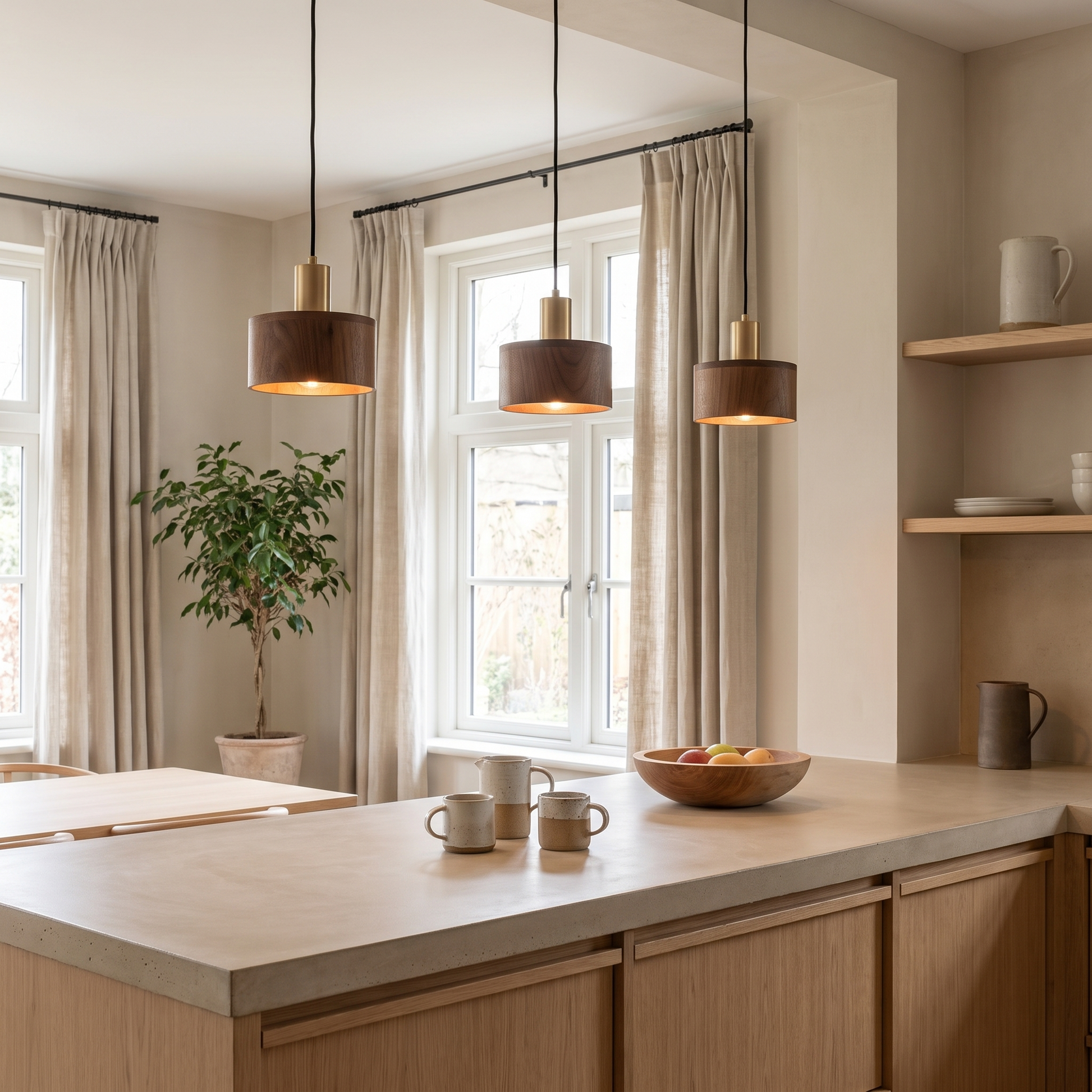 Oqzi minimalist wood and copper pendant lights, cluster of 3 styled above a kitchen counter