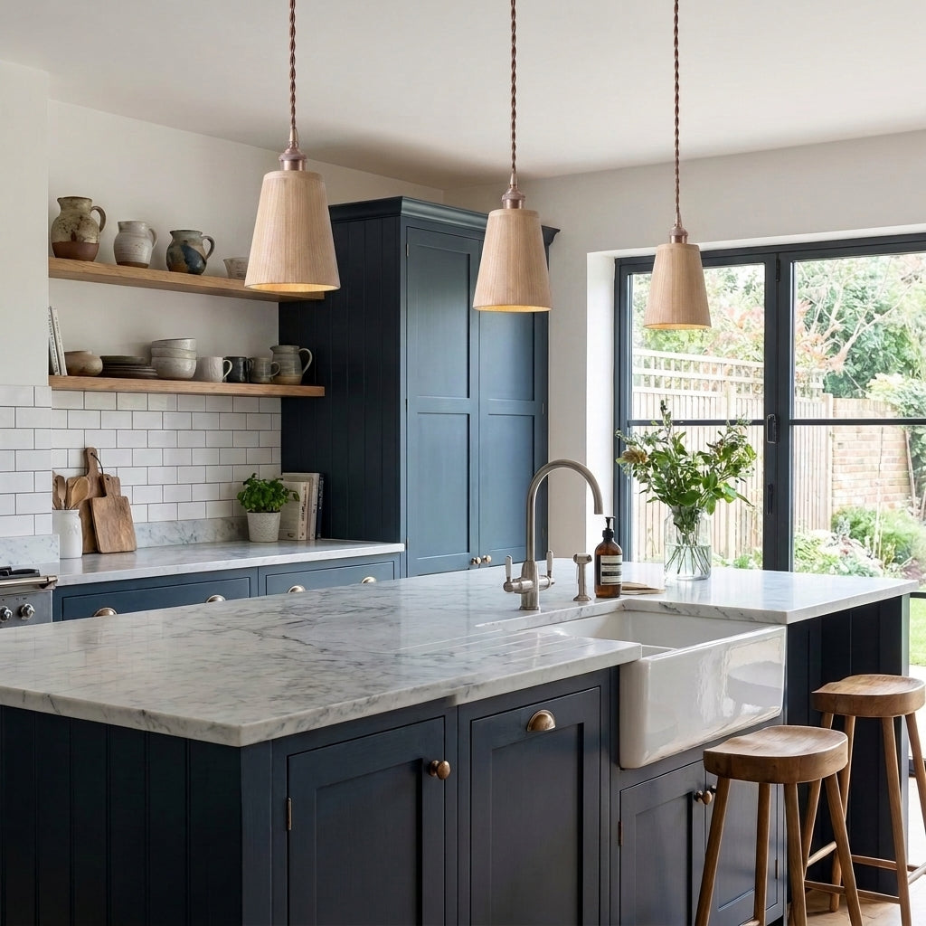 Three Oqzi minimalist wood and copper pendant lights hanging above a kitchen island with dark navy cabinets and a farmhouse sink