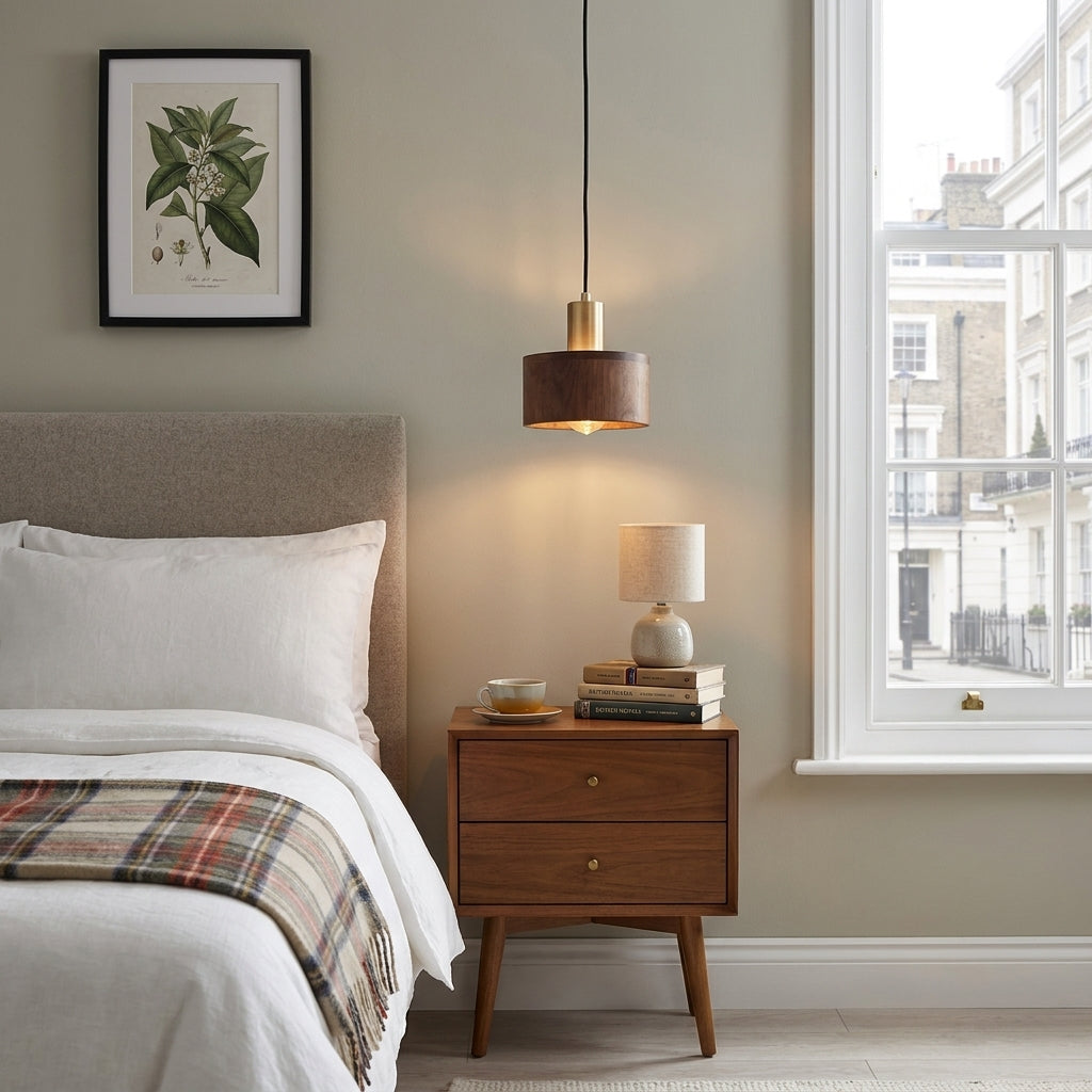 Oqzi minimalist wood and copper pendant light, Walnut Wood Drum style, hanging above a wooden bedside table in a bedroom