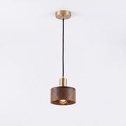 Oqzi minimalist wood and copper pendant light, Walnut Wood Drum style, hero shot on white background