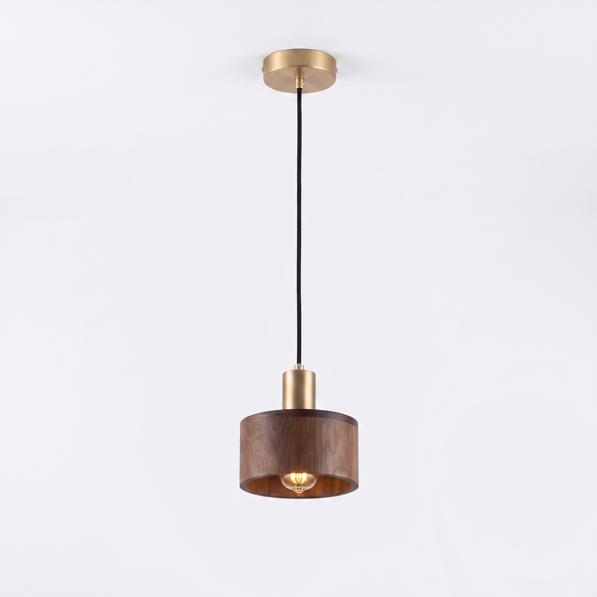 Oqzi minimalist wood and copper pendant light, Walnut Wood Drum style, hero shot on white background