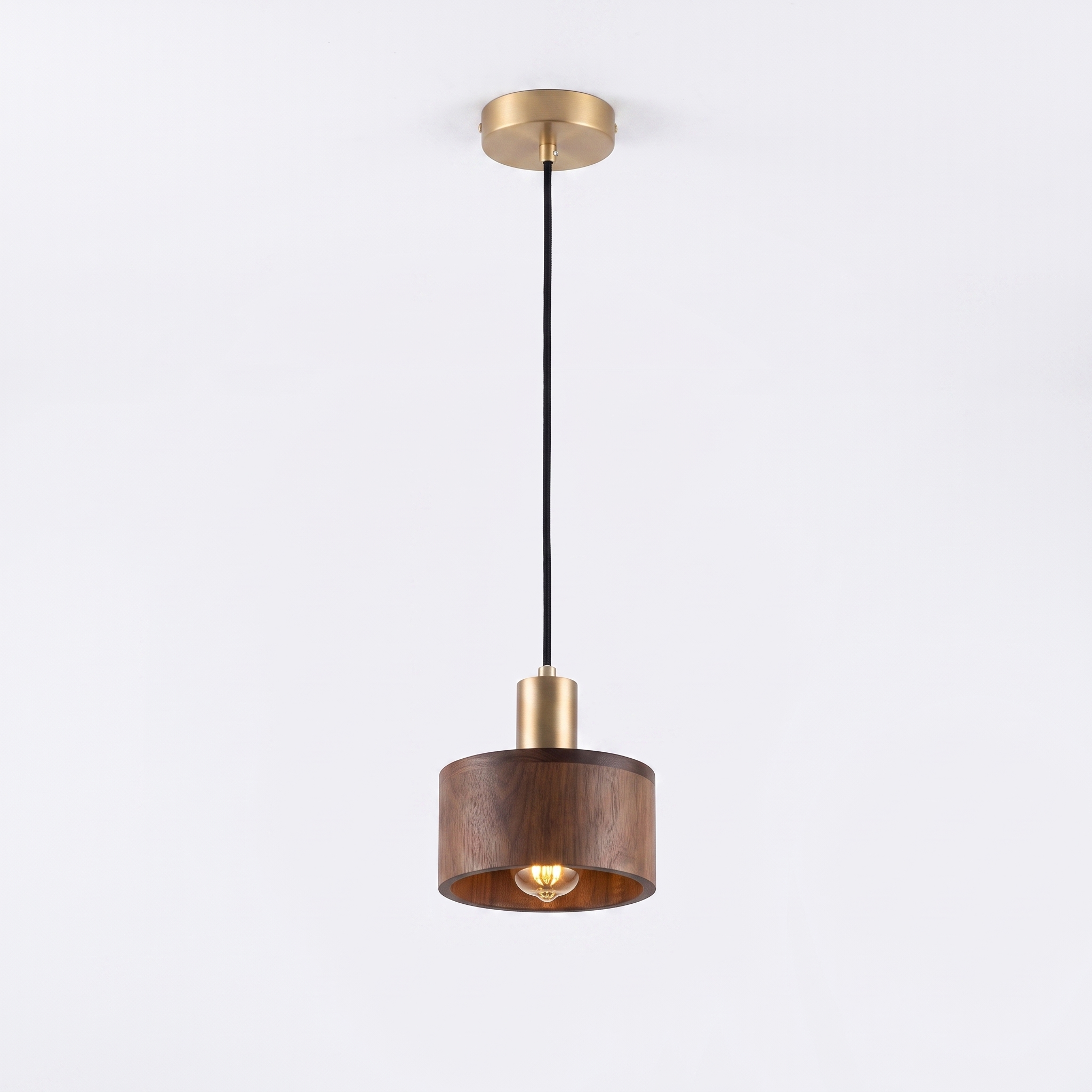 Oqzi minimalist wood and copper pendant light, Walnut Wood Drum style, hero shot on white background