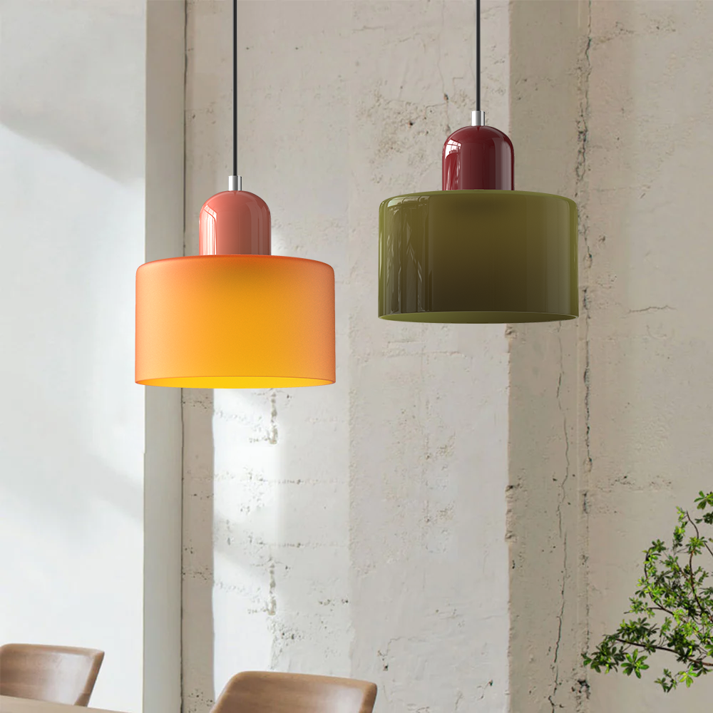 Vibrant cluster of orange and green colour-block glass pendant lights