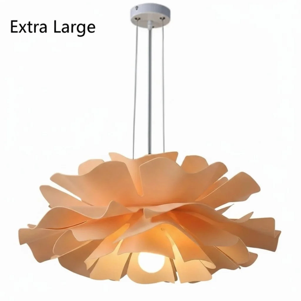 Extra large orange lotus chandelier showing its grand, sweeping acrylic petals