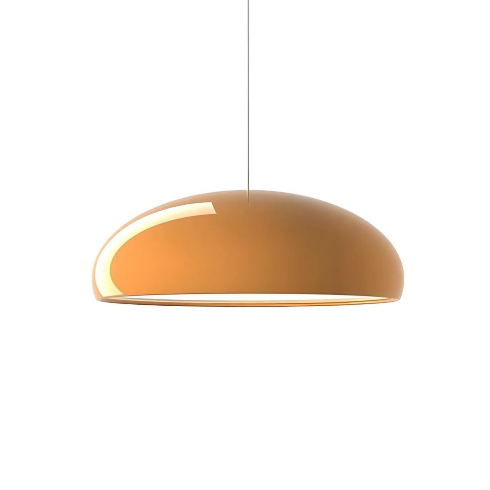Bright orange mid-century acrylic pendant light showing its sleek, glare-free diffuser base