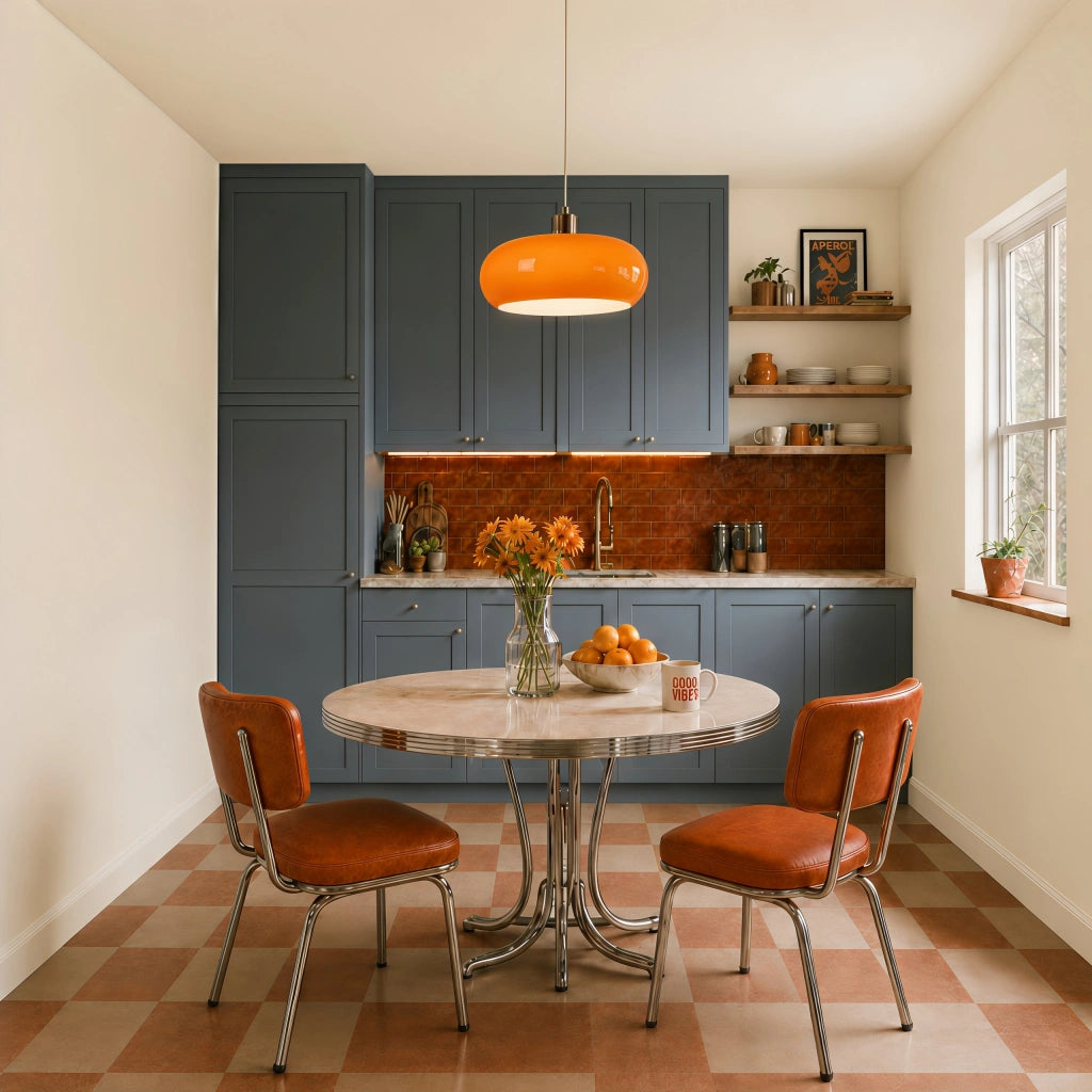 Orange mid-century modern glass pendant light suspended over a round dining table in a contemporary kitchen